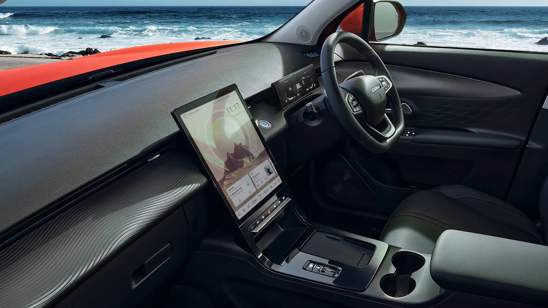 Modern interior of the Lepas L4 featuring a large vertical touchscreen infotainment system, digital instrument cluster, and sleek black dashboard design.
