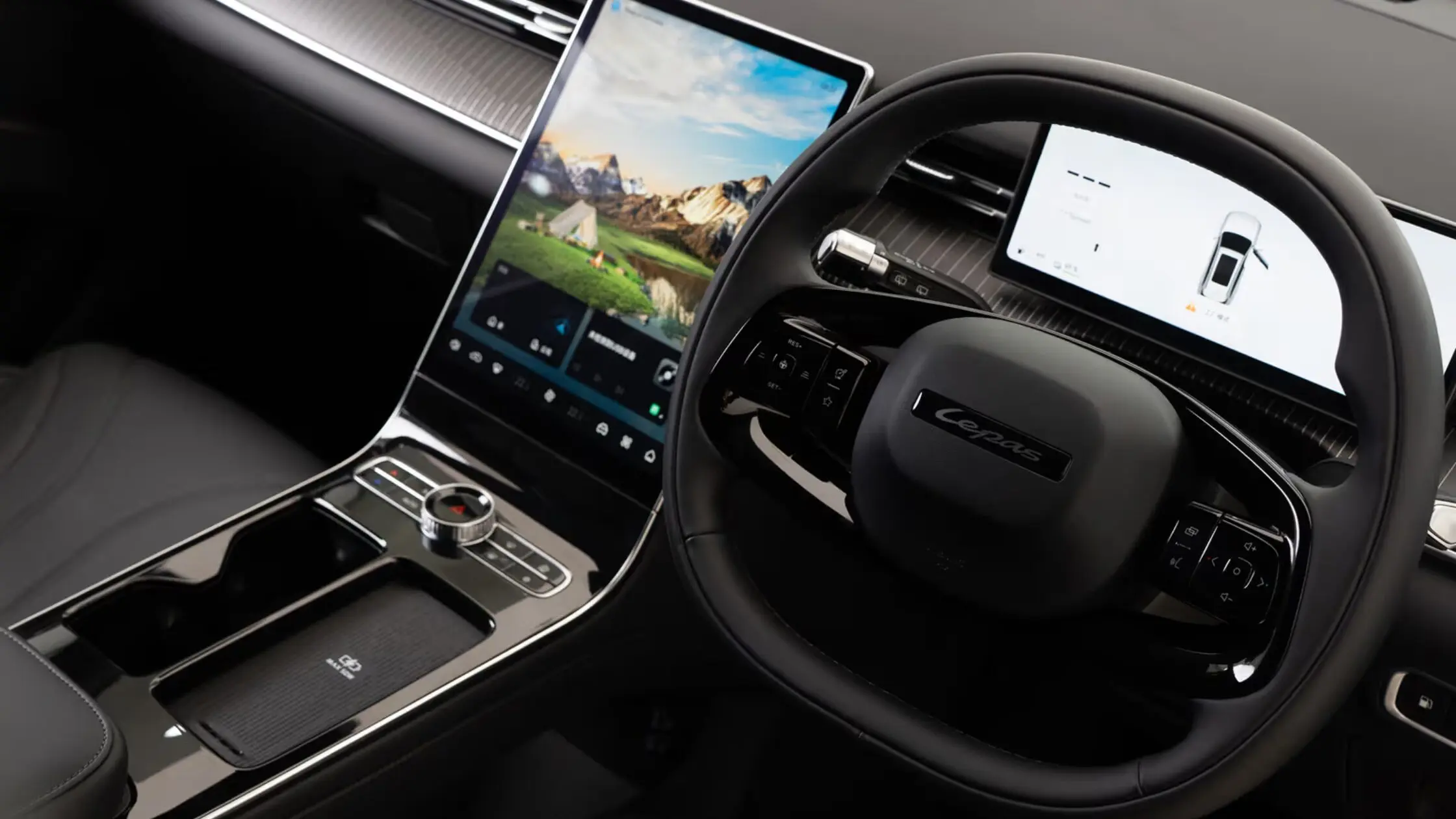 Interior view of a Lepas L4 SUV featuring a sleek black leather steering wheel with the Lepas logo and a high-resolution center console display.
